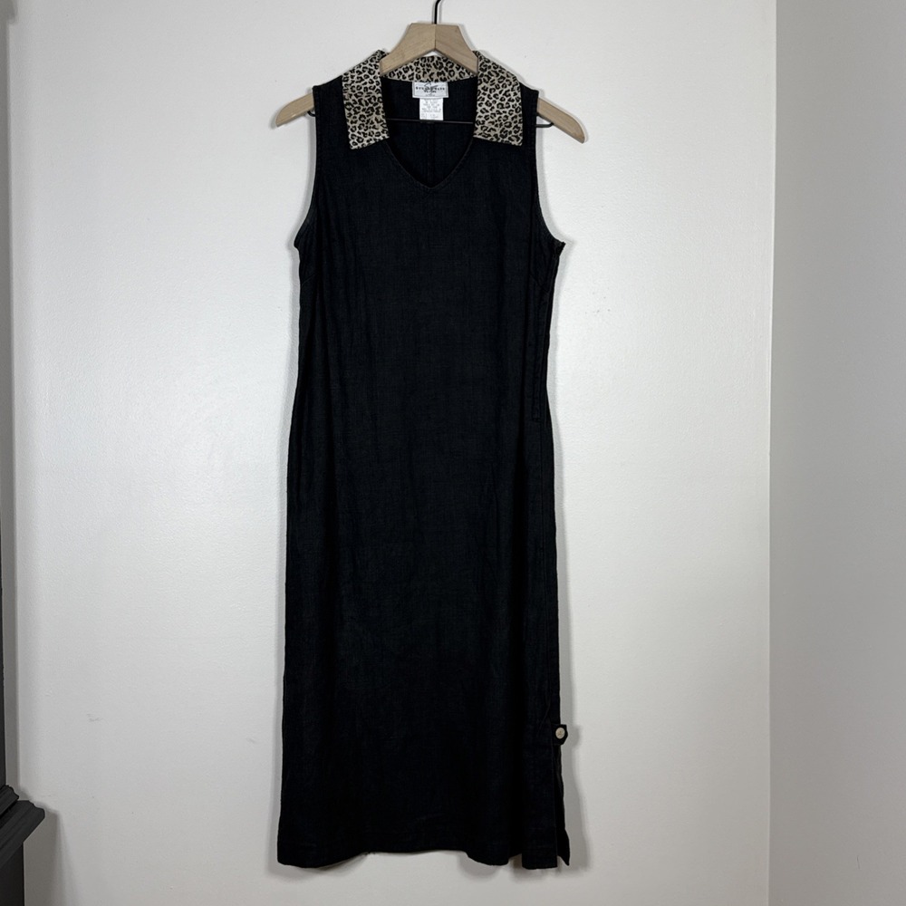Vtg Studio Ease Petite Womens 100% Linen Midi Dress 10P Black Animal Print Chic